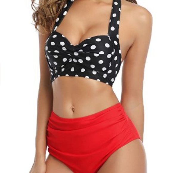 Tempt Me Women Two Pieces Vintage Swimsuit Retro Halter Ruched High Waist Bikini - Picture 2 of 14